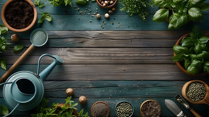 Gardening Essentials Laid Out on Vintage Wooden Table with Plants,Seeds,and Watering Can Backdrop for Spring Gardening Concept