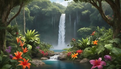 Invigorating Tropical Waterfall Surrounded By Lus