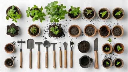 Gardening Tools and Potted Plants on White Background