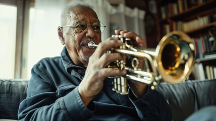 Mature Afroamerican man playing trumpet at home - 774839126