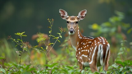 Naklejka na ściany i meble Graceful Spotted Deer in Lush Green Forest Habitat at Wildlife Sanctuary