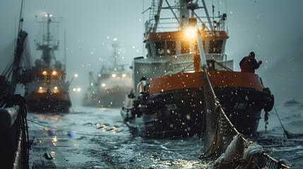 Fishing in the North Sea. Fishing boat with fishermen on the high seas - obrazy, fototapety, plakaty