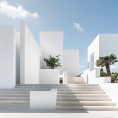 a white building with stairs and trees