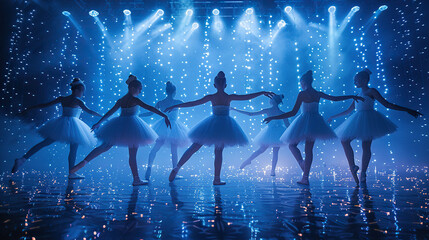group of ballet girls performing with blue lights in background International Dance Day 29  april Design template for banner, flyer, invitation, brochure, poster or greeting card.