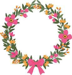 Wild Flowers Wreath with Ribbon Frame - Hand Drawn Vector Illustration for Invitation, Greeting Card, Birthday, Party, Celebration, Wedding, Poster, Banner, Textile, and Wallpaper