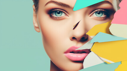 Woman's face with vibrant makeup and torn paper strips against turquoise background - 774840140