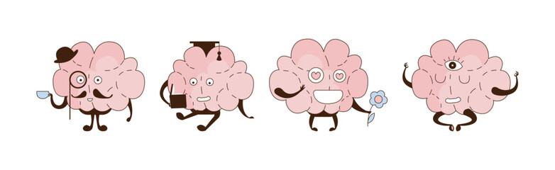 Funny Brain Character Engaged in Different Activity Vector Set