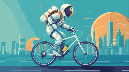 Astronaut riding bicycle in the city design. flat - obrazy, fototapety, plakaty