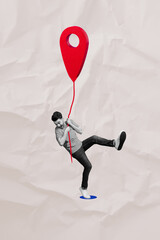 Vertical photo collage of happy man fall hole string balloon gps location mark symbol navigation...