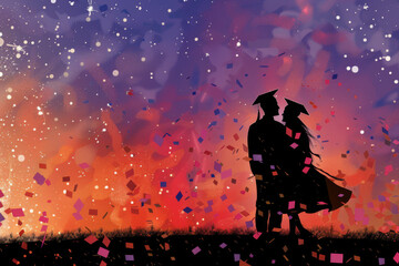 Silhouette of couple lovers of graduate students on bright background with confetti, illustration