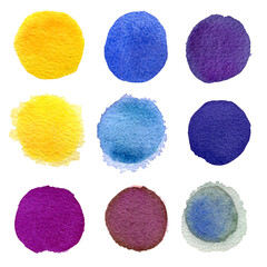 Set of yellow, orange, violet, ultramarine and blue watercolor circles isolated on white background - 774840596