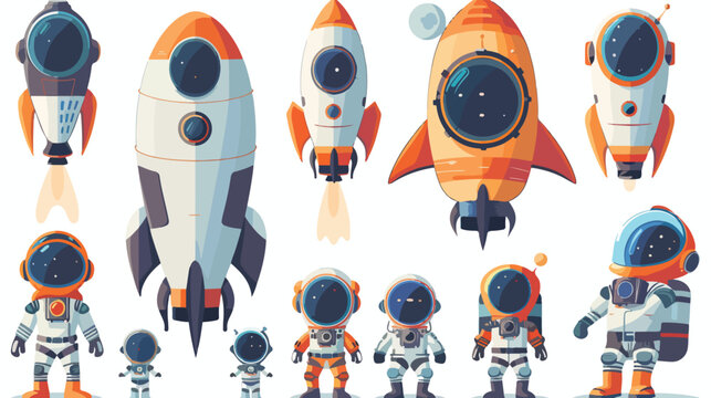 Astronaut with spaceship collection set flat v