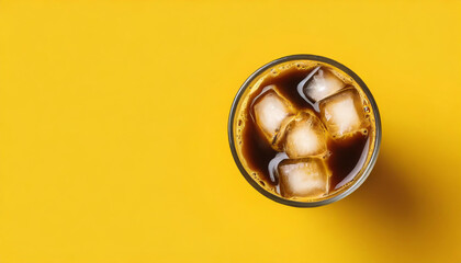 Glass of ice coffee on yellow background, flat lay with copy space. Refreshing drink.