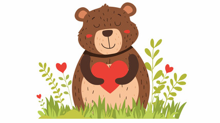 Obraz na płótnie Canvas Bear holding red heart on green grass flat vec