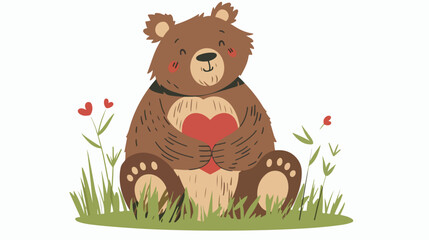 Obraz na płótnie Canvas Bear holding red heart on green grass flat vec