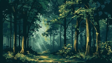 Minimalist digital print of a summer forest scene in boho style