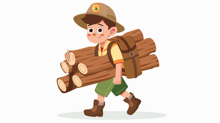 Boy scout carrying firewood flat vector isolated - obrazy, fototapety, plakaty