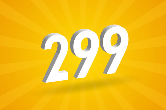3D 299 number font alphabet. White 3D Number 299 with yellow background