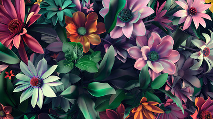 3d rendering of a floral background with a lot of colorful flowers. AI. - obrazy, fototapety, plakaty