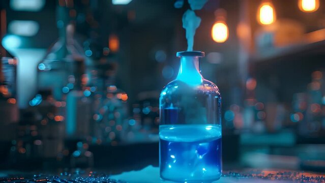 blue magic potion on dark laboratory background