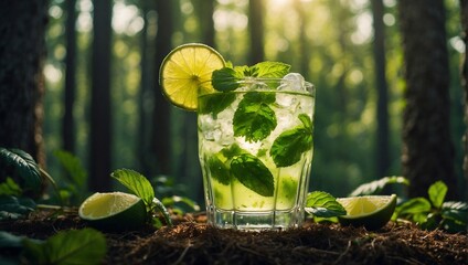 Glass of classic alcoholic mojito with ice, in the forest
