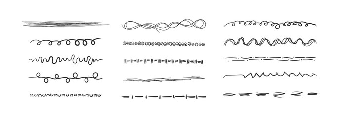Set of wavy horizontal lines. Marker hand-drawn line border set and scribble design elements. Set of art brushes for pen. Hand drawn grunge brush strokes.