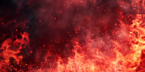 Burning red hot sparks rise from a large fire in the night sky black and red background - obrazy, fototapety, plakaty
