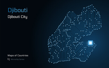 Djibouti Map with a capital of Djibouti City Shown in a Microchip Pattern with processor. E-government. World Countries vector maps. Microchip Series	