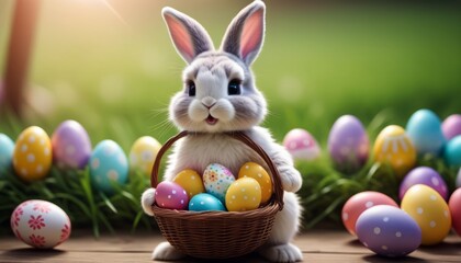 Bunny Sitting in a Basket With Eggs