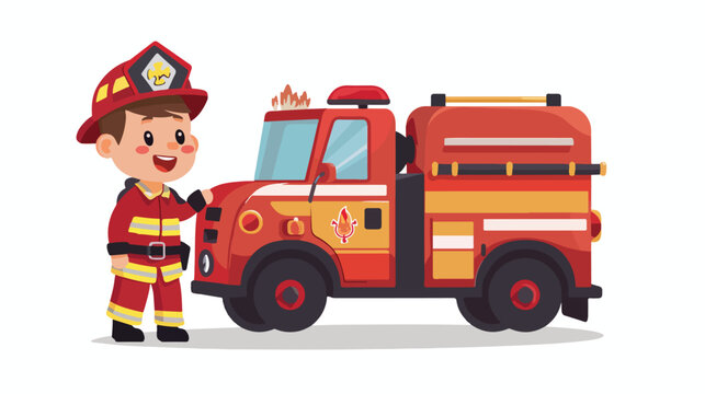 Cute firefighter truck mascot flat vector isolated