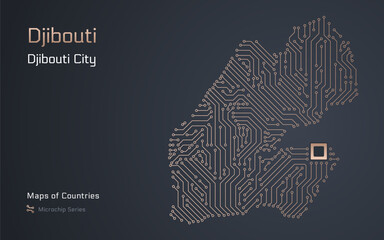 Djibouti Map with a capital of Djibouti City Shown in a Microchip Pattern with processor. E-government. World Countries vector maps. Microchip Series	