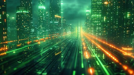 A neon metropolis shines with vibrant greens, symbolizing the dynamic pulse of urban life and the digital age, an ideal representation for themes of progress and futuristic cityscapes.