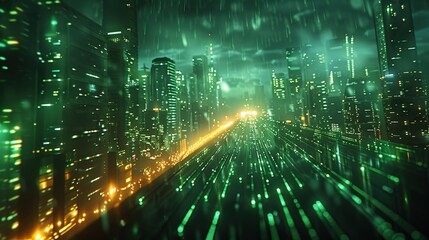 A futuristic cityscape pulses with neon green and yellow lights, simulating the vibrant energy of an urban metropolis, perfect for concepts of technology, future, and digital life.