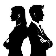 partnership in business. Young man and woman standing back-to-back with crossed hands vector Black color silhouette, isolated white background 4