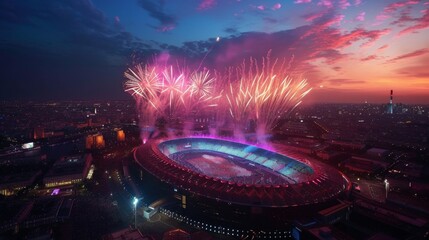 Football stadium at night and fireworks above it. Football Championship. Sports and competitions.