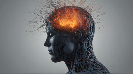 Burnout concept with male head and brain exploding