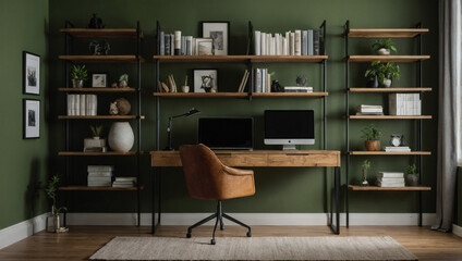 Study room wall mockup with bookshelves and desk on olive green wall background. Change the colors and make each prompt different.