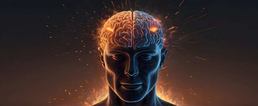 Burnout concept with male head and brain exploding