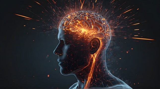 Burnout concept with male head and brain exploding