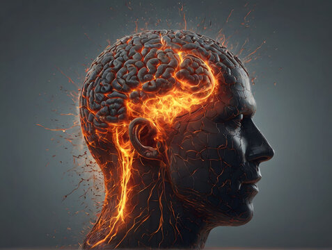 Burnout concept with male head and brain exploding
