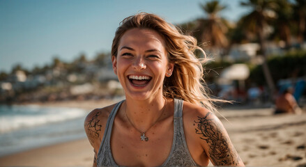 The girl laughs, runs and smiles along the beach. Hands, tattooed body, close-up