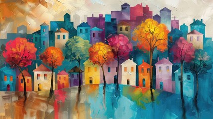 Colorful, abstract cityscape with houses and autumnal trees, creating a textured, cubist look. - obrazy, fototapety, plakaty