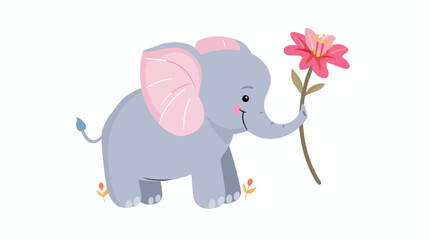 Obraz na płótnie Canvas Cartoon elephant holding flower flat vector 