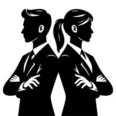 partnership in business. Young man and woman standing back-to-back with crossed hands vector Black color silhouette, isolated white background 17