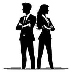 partnership in business. Young man and woman standing back-to-back with crossed hands vector Black color silhouette, isolated white background 20