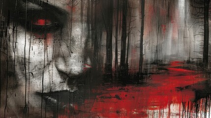 Dark artistic portrayal of a face with a red eye among trees.