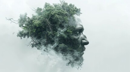 Ethereal profile enveloped in misty green forest clouds. - obrazy, fototapety, plakaty