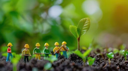 Labor day may 1st, small figures of people plant a plant, blurred green background. Generative AI