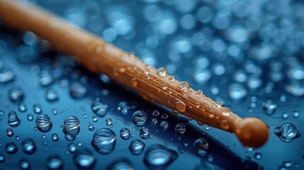 Drumstick on cymbals in water drops, blue metal reflection background. Generative AI