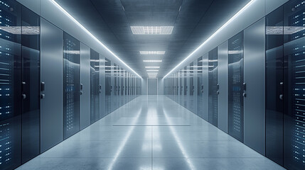 Server room, Data center with operational server racks. Concept: Modern telecomunication, AI, Supercomputer technology. Bright white interior.